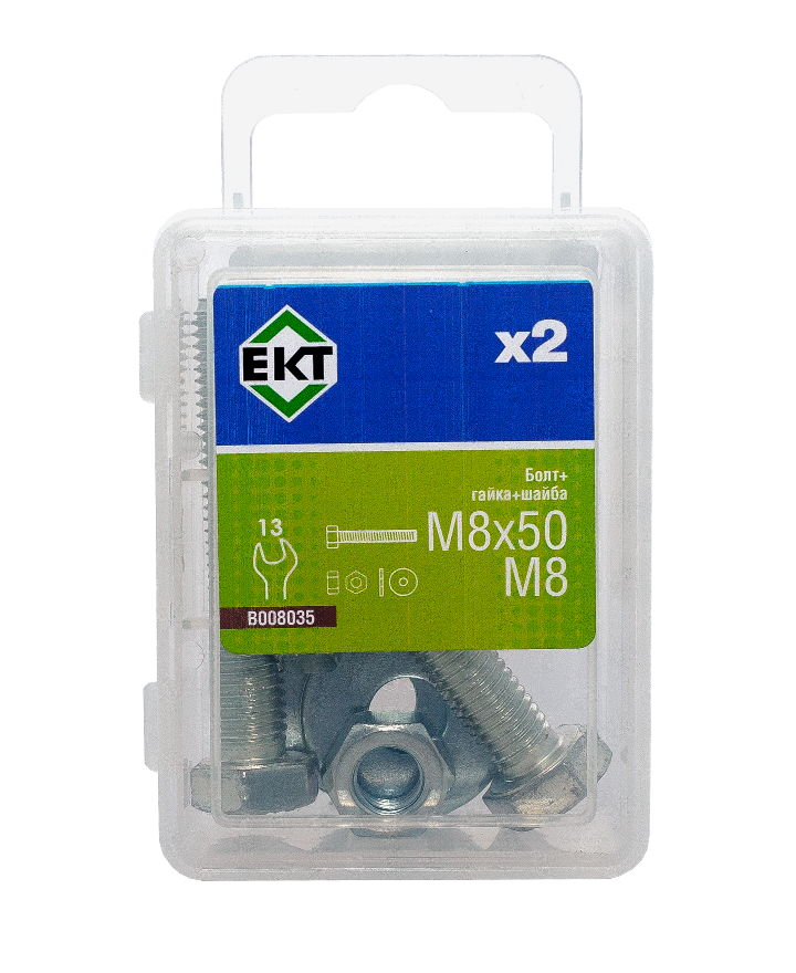 Болт с 6-гран. гол. M8х50, DIN933 в компл. с гайкой и усиленной шайбой М8, цинк (упак/2шт)