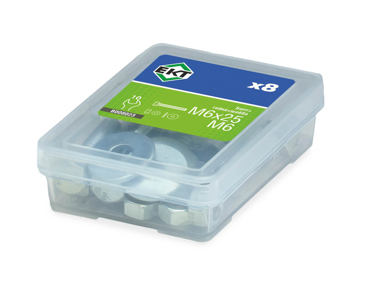 Болт с 6-гран. гол. M6х25, DIN933 в компл. с гайкой и усиленной шайбой М6, цинк (упак/8шт)