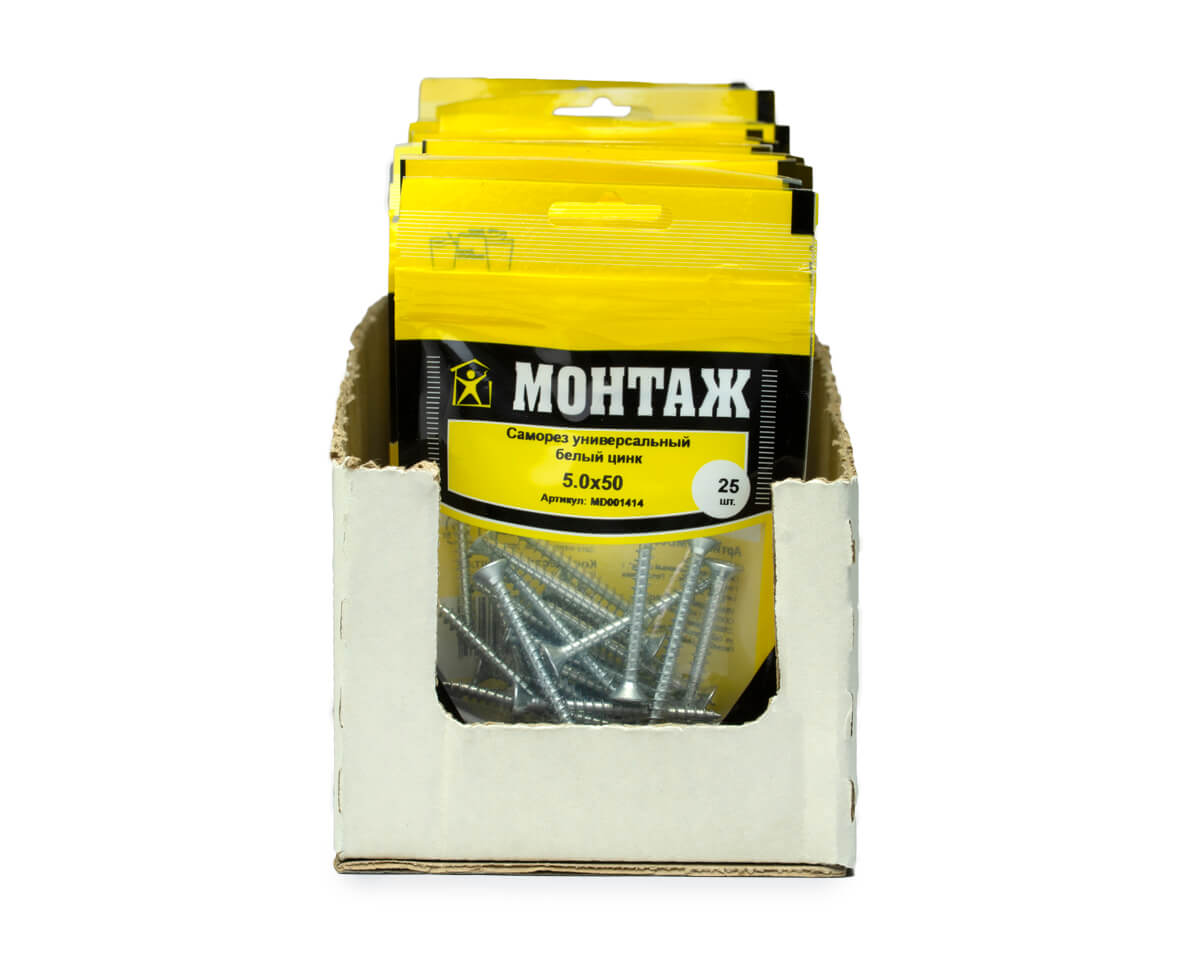 Саморез универсальный 5.0x50, белый цинк, дой-пак S, МОНТАЖ (пакет/25шт)