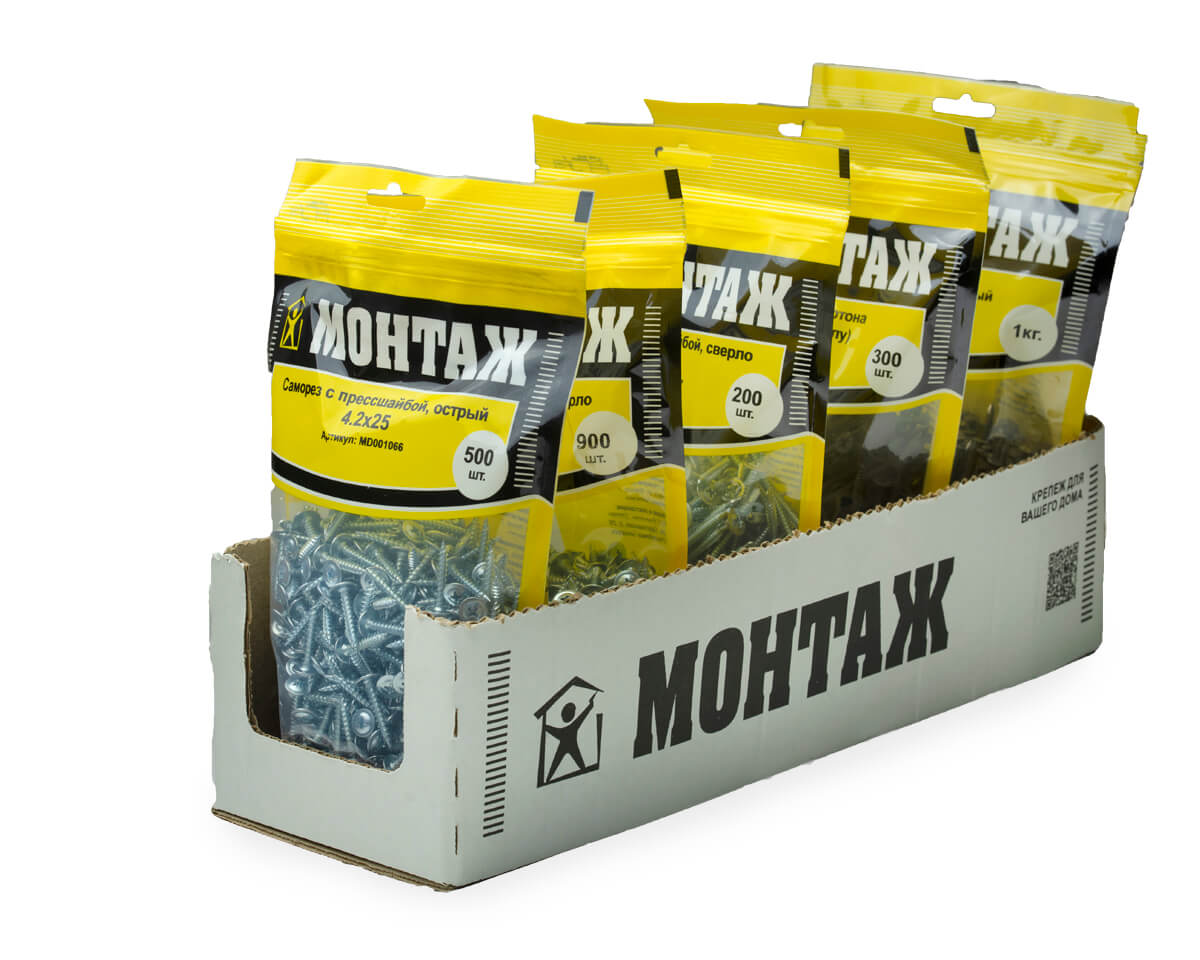 Саморез с прессшайбой 4.2x25, острый, цинк, дой-пак L, МОНТАЖ (пакет/500шт)