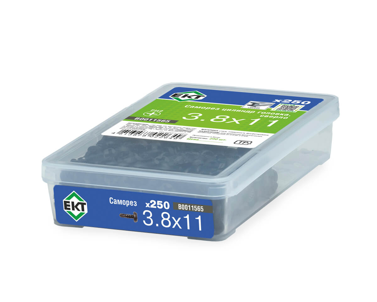 Саморез с цилиндрической головкой, 3,8х11, сверло черный фосфат, в пласт. контейнере (упак/250шт)