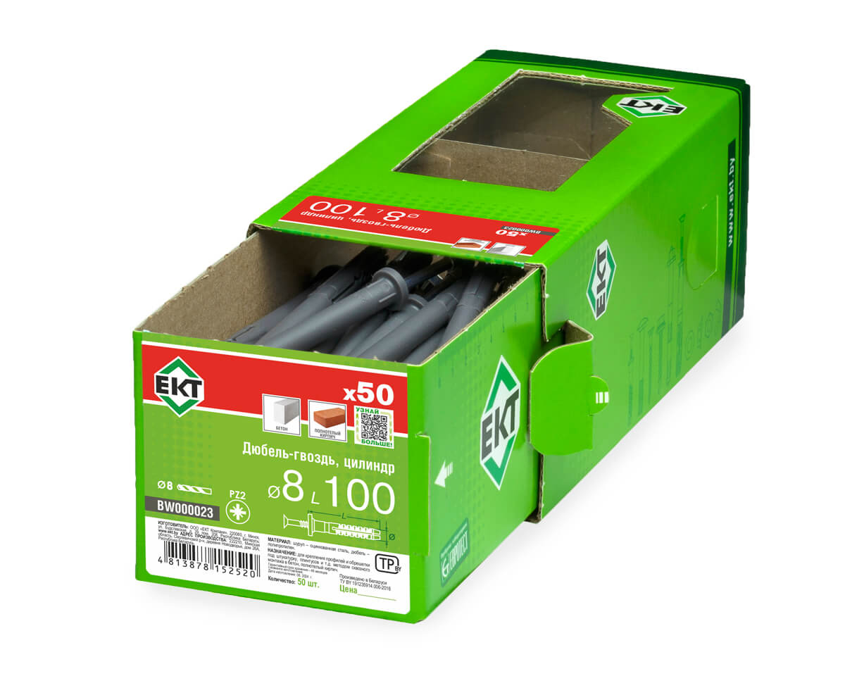 Дюбель-гвоздь GL, 8x100 цилиндр, п/п, ЕКТ (кор. с окном/50шт)