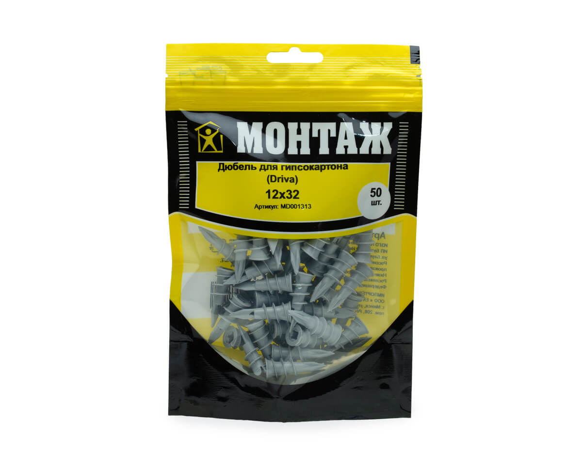 Дюбель для гипсокартона 12x32 Driva 01S-пластм., дой-пак M, МОНТАЖ (пакет/50шт)
