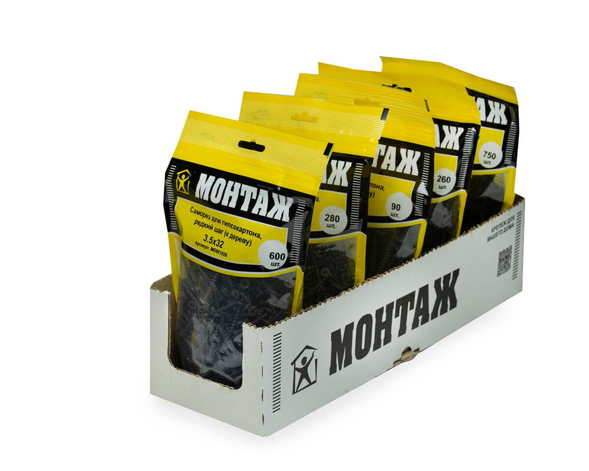 Саморез для гипсокартона 3.5x32, редкий шаг (к дереву), фосфат, дой-пак L, МОНТАЖ (пакет/600шт)