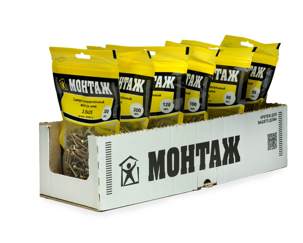 Саморез универсальный 3.5x25, желтый цинк, дой-пак M, МОНТАЖ (пакет/300шт)