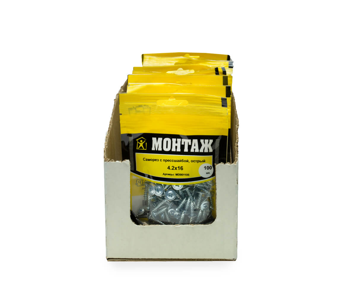 Саморез с прессшайбой 4.2x16, острый, цинк, дой-пак S, МОНТАЖ (пакет/100шт)