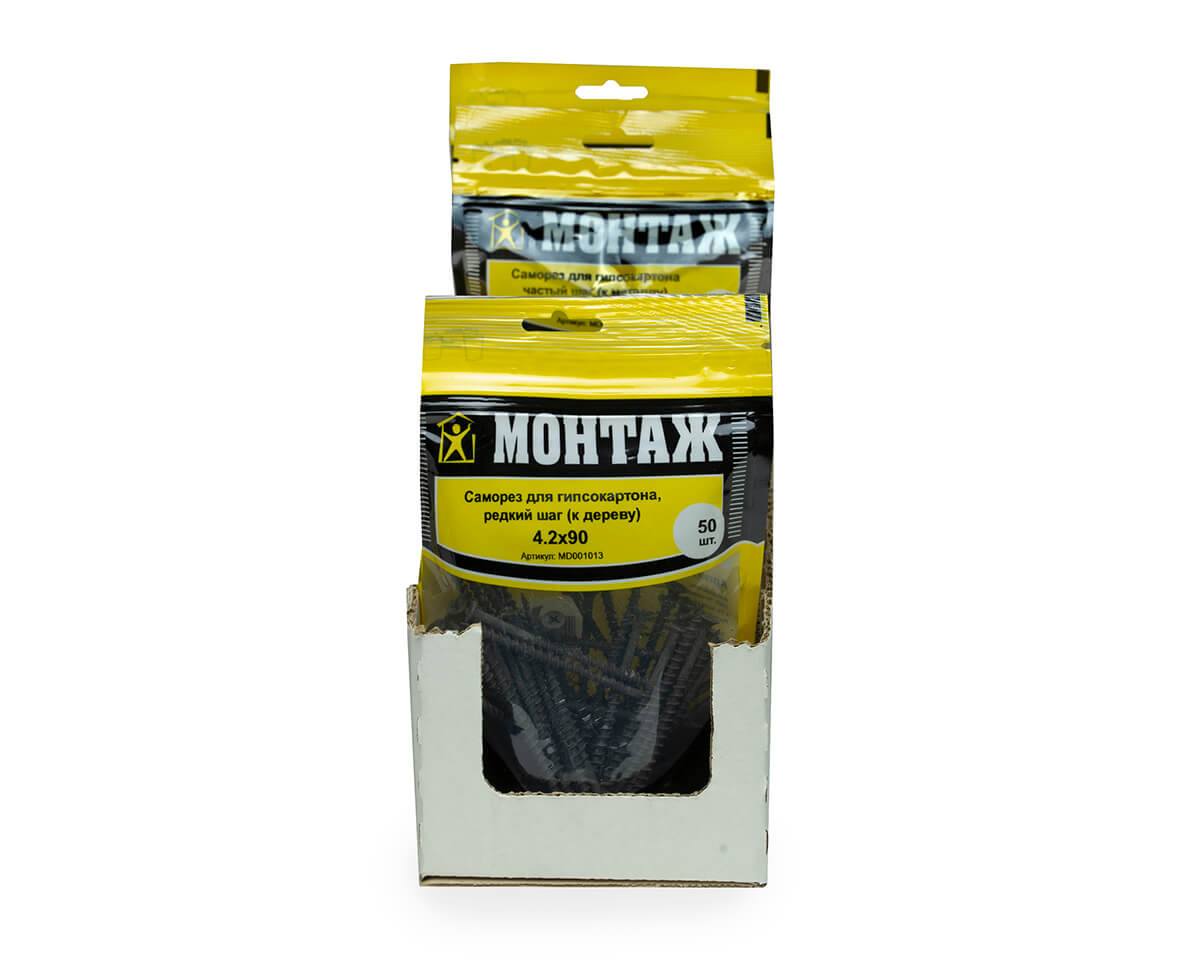 Саморез для гипсокартона 4.2x90, редкий шаг (к дереву), фосфат, дой-пак M, МОНТАЖ (пакет/50шт)