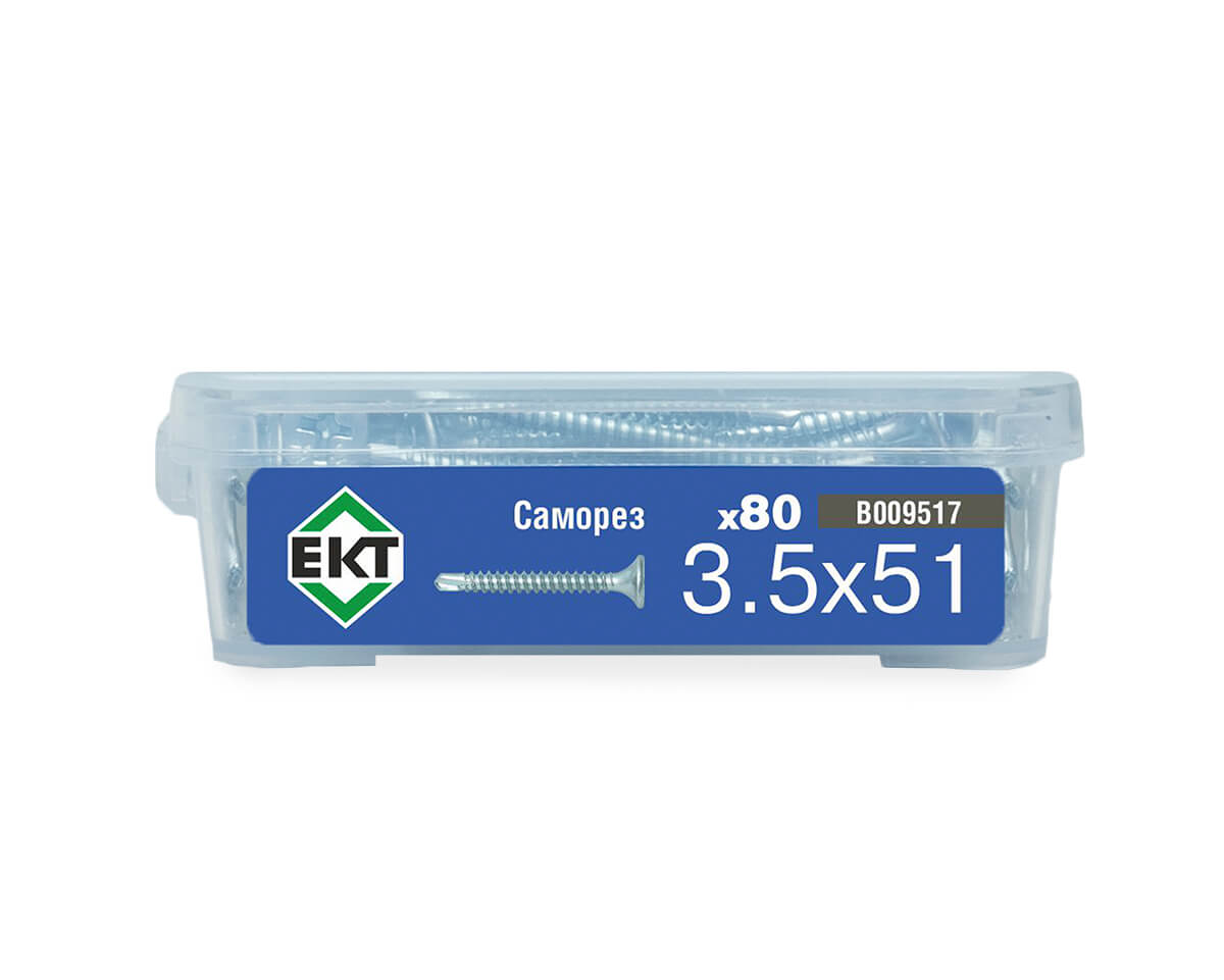 Саморез по ГК со сверлом 3.5х51, частый шаг (к металлу), цинк, в пласт. контейнере, ЕКТ (упак/80шт)
