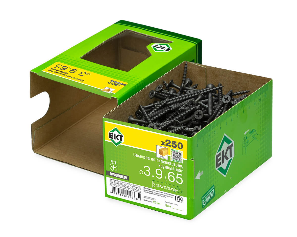 Саморез по ГК 3.9х65 крупный шаг (к дереву), фосфат., в коробке с окном, ЕКТ (упак/250шт)