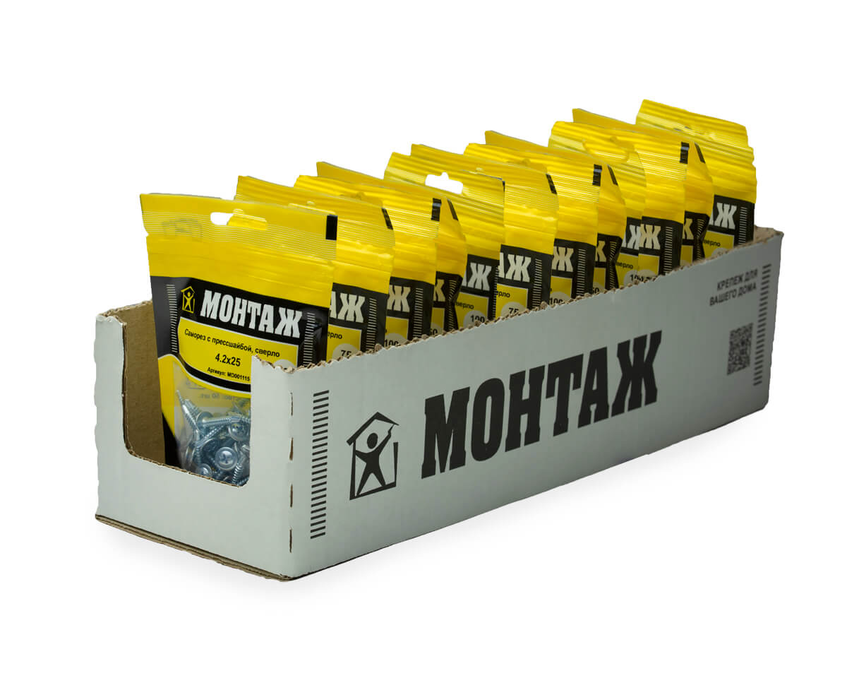Саморез с прессшайбой 4.2x25, сверло, цинк, дой-пак S, МОНТАЖ (пакет/50шт)
