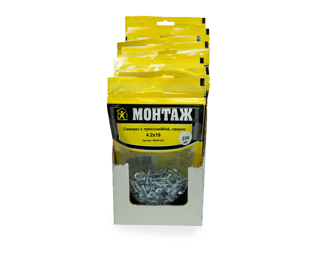 Саморез с прессшайбой 4.2x19, сверло, цинк, дой-пак M, МОНТАЖ (пакет/230шт)