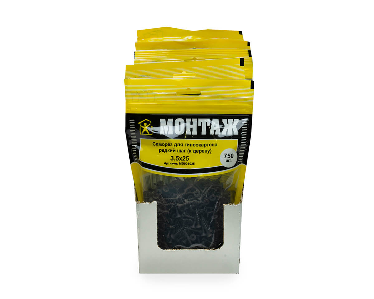 Саморез для гипсокартона 3.5x25, редкий шаг (к дереву), фосфат, дой-пак L, МОНТАЖ (пакет/750шт)