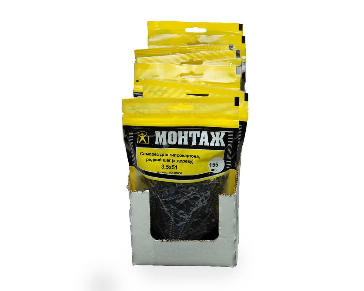 Саморез для гипсокартона 3.5x51, редкий шаг (к дереву), фосфат, дой-пак M, МОНТАЖ (пакет/155шт)