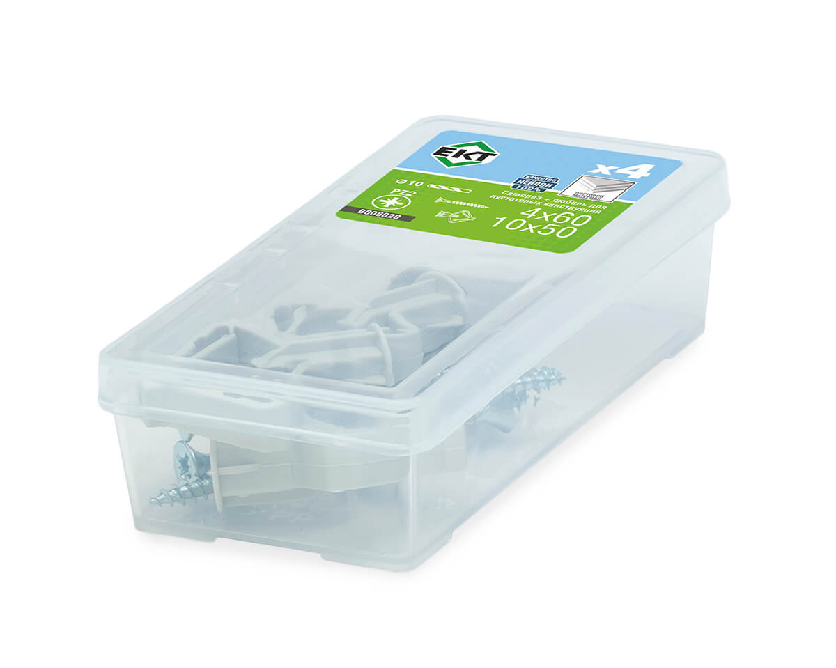 Саморез, белый цинк 4,0х60 + дюбель для пустотелых конструкций KHD 10х50, нейлон (упак/4шт)