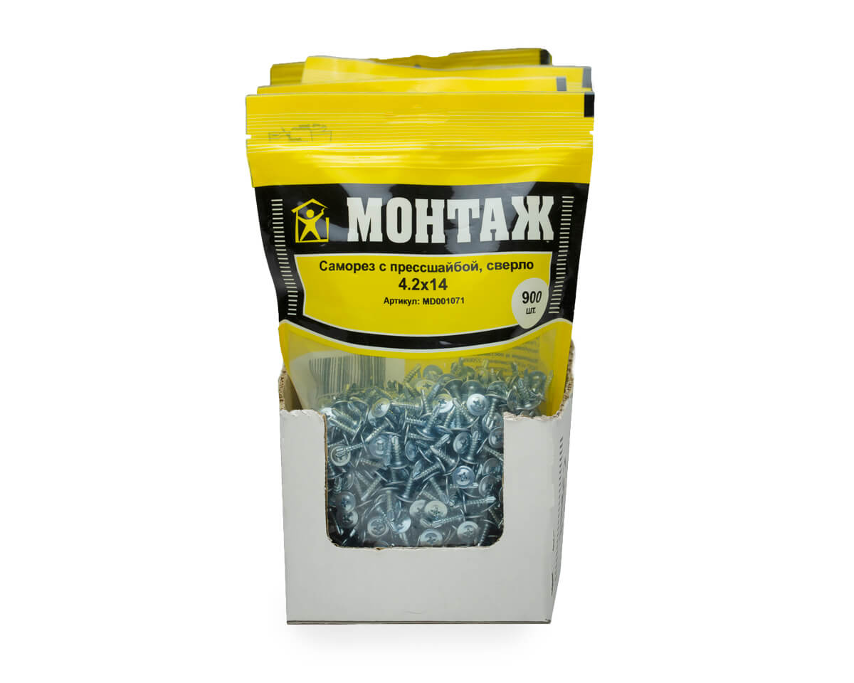 Саморез с прессшайбой 4.2x14, сверло, цинк, дой-пак L, МОНТАЖ (пакет/900шт)