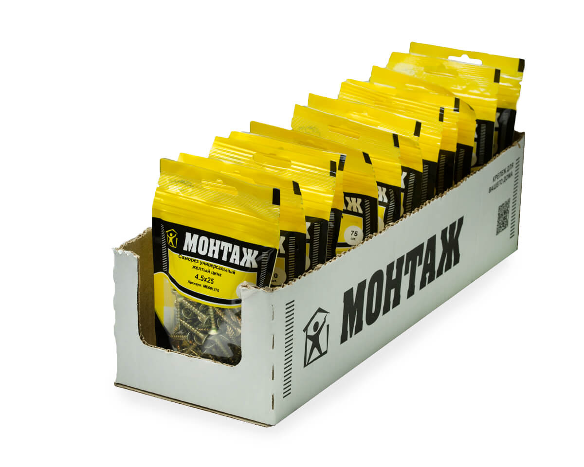 Саморез универсальный 4.5x25, желтый цинк, дой-пак S, МОНТАЖ (пакет/75шт)
