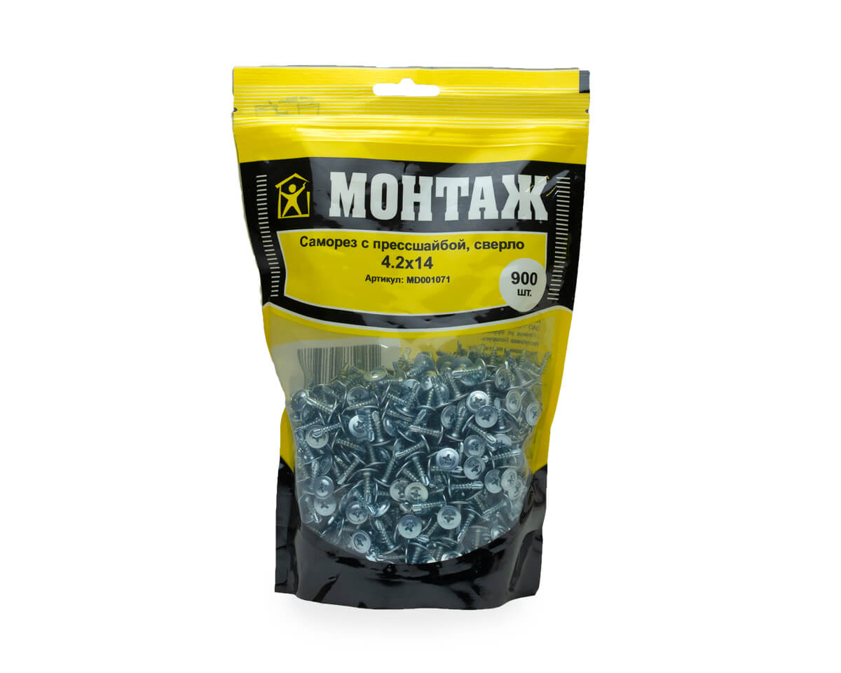 Саморез с прессшайбой 4.2x14, сверло, цинк, дой-пак L, МОНТАЖ (пакет/900шт)