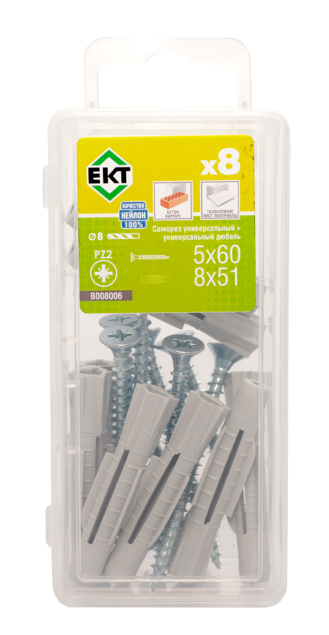 Саморез, белый цинк 5,0х60 + универсальный дюбель UDD 8х51, нейлон (упак/8шт)