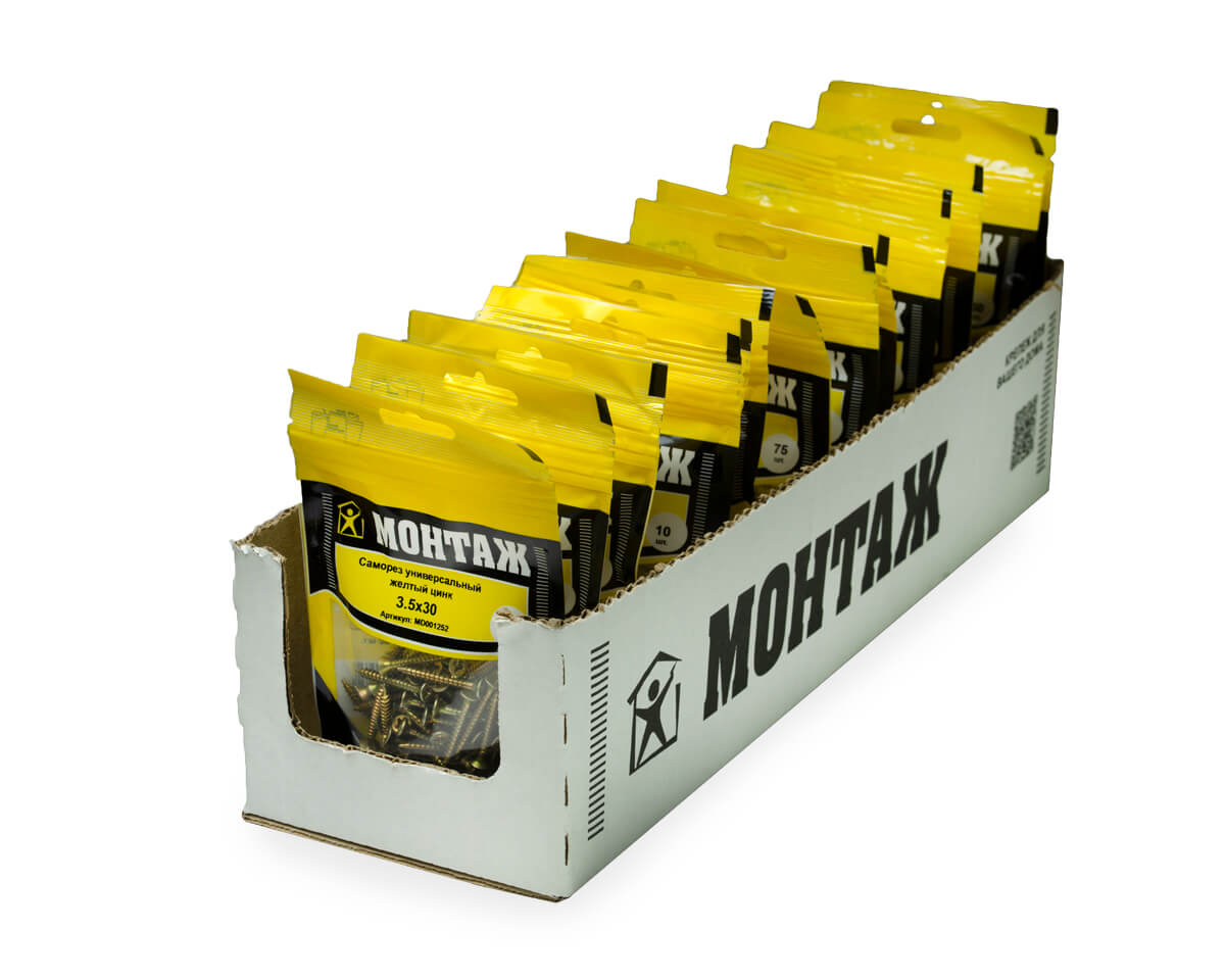 Саморез универсальный 3.5x30, желтый цинк, дой-пак S, МОНТАЖ (пакет/60шт)