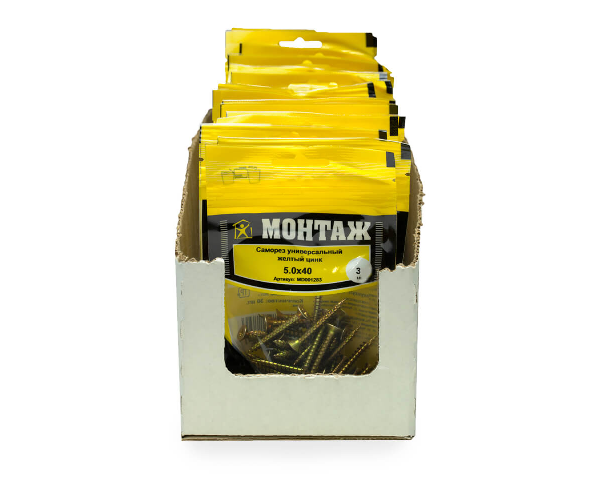 Саморез универсальный 5.0x40, желтый цинк, дой-пак S, МОНТАЖ (пакет/30шт)
