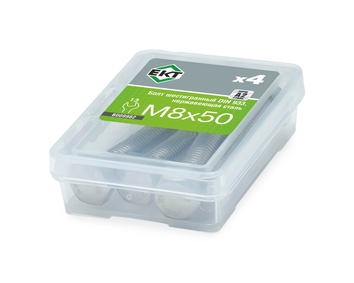 Болт с шестигранной головкой M8х50, DIN933, НЕРЖ. СТАЛЬ, ЕКТ (упак/4шт)