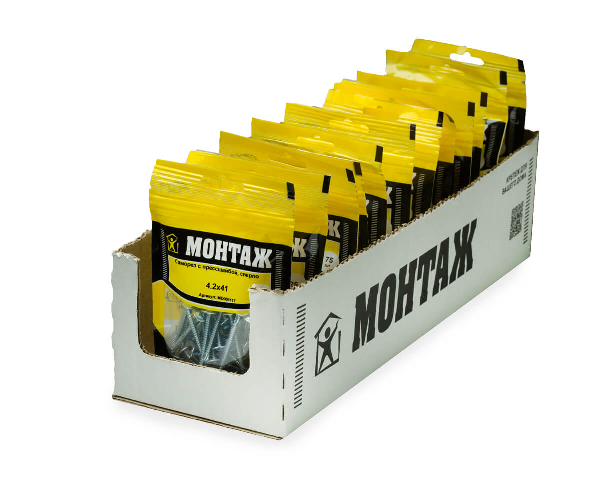 Саморез с прессшайбой 4.2x41, сверло, цинк, дой-пак S, МОНТАЖ (пакет/30шт)
