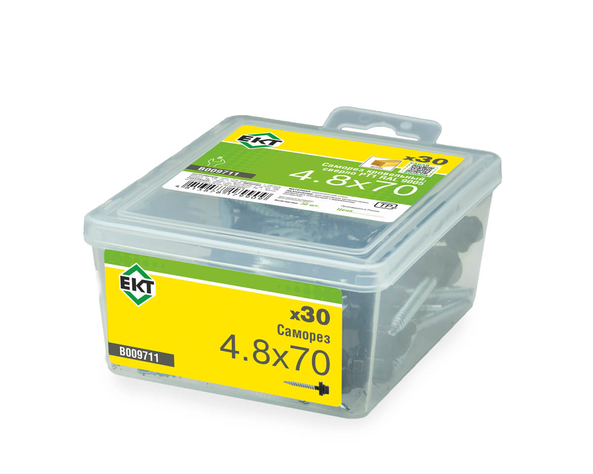 Саморез кровельный с резин. прокл. 4.8x70, сверло PT1, RAL9005, в пласт. контейнере, ЕКТ (упак/30шт)