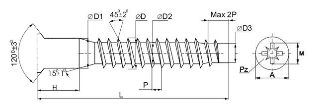 Мебельный шуруп-стяжка 7х70, потайная головка Pozi (упак/250шт)