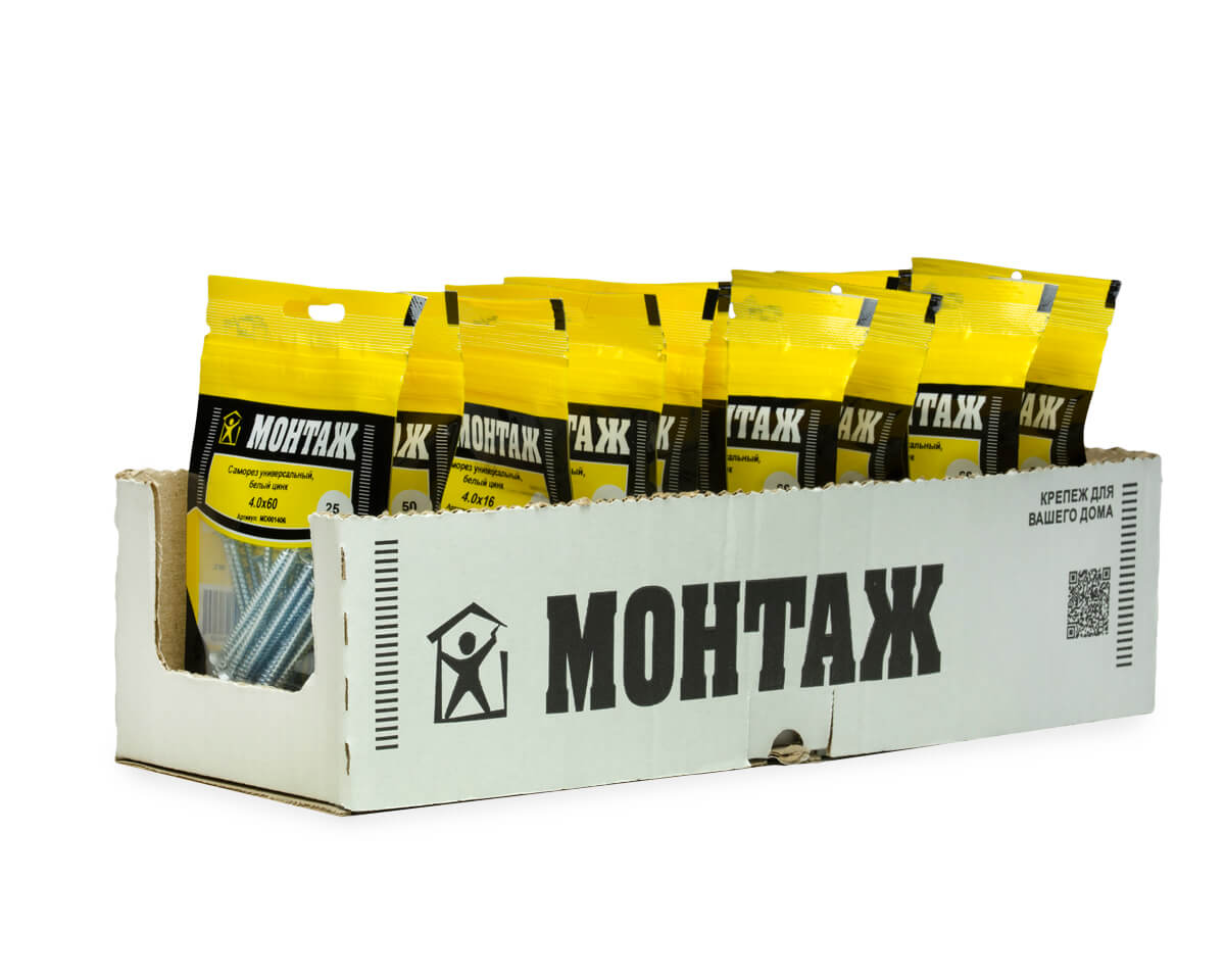 Саморез универсальный 4.0x60, белый цинк, дой-пак S, МОНТАЖ (пакет/25шт)