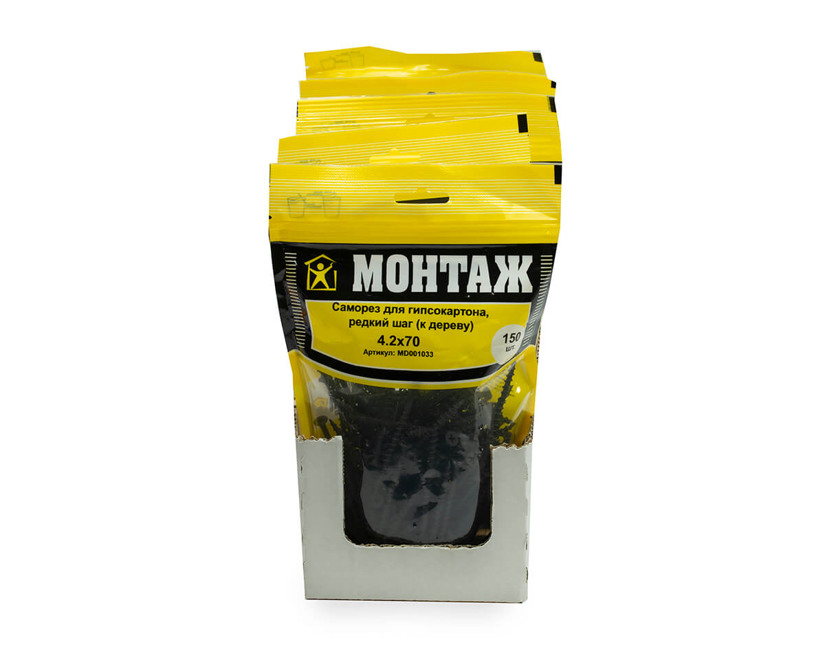 Саморез для гипсокартона 4.2x70, редкий шаг (к дереву), фосфат, дой-пак L, МОНТАЖ (пакет/150шт)