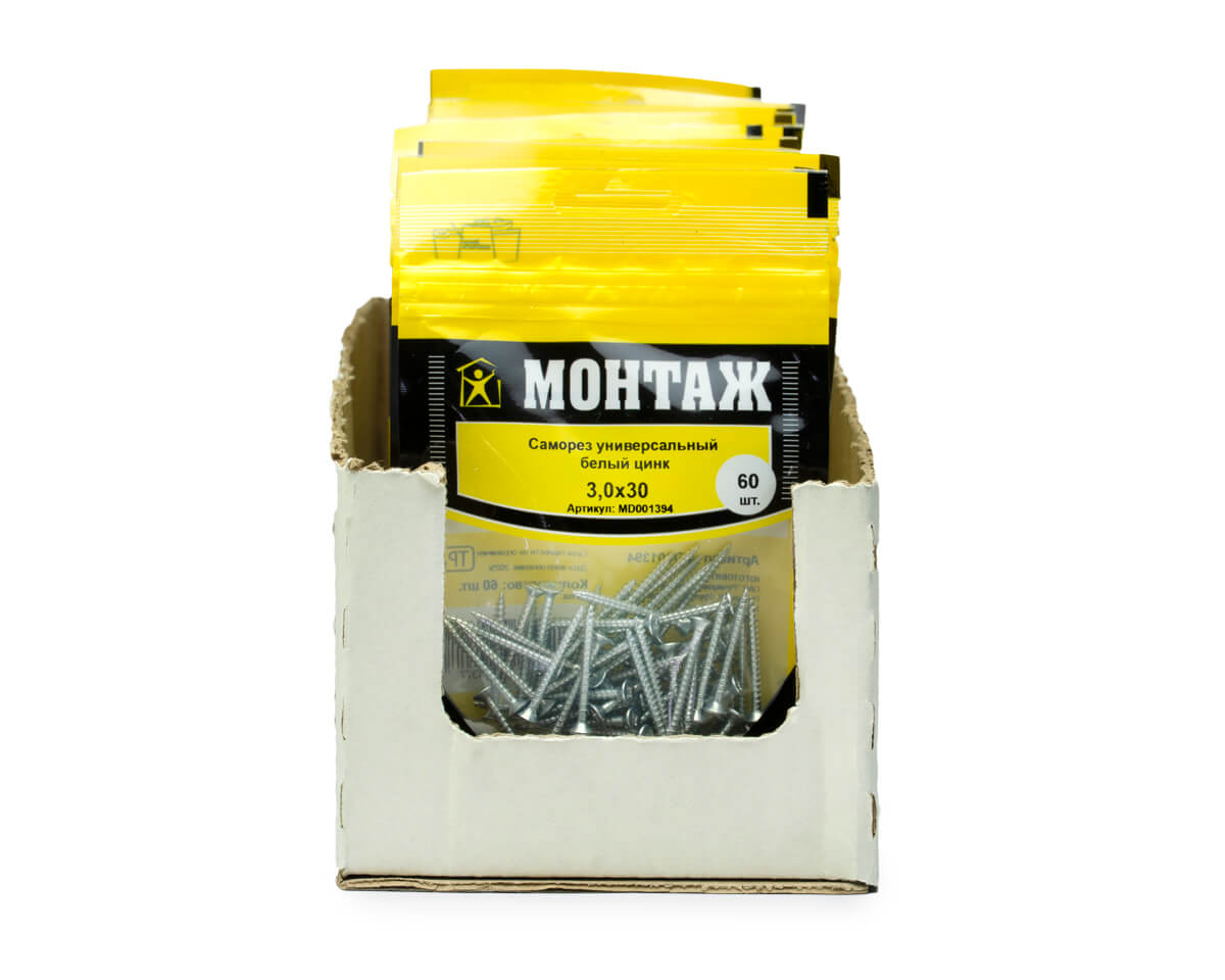 Саморез универсальный 3.0x30, белый цинк, дой-пак S, МОНТАЖ (пакет/60шт)