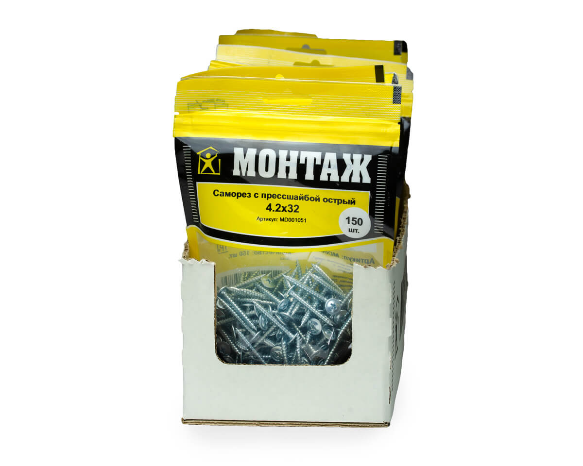 Саморез с прессшайбой 4.2x32, острый, цинк, дой-пак M, МОНТАЖ (пакет/150шт)
