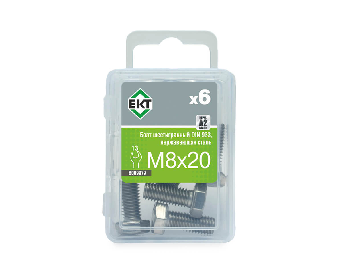 Болт с шестигранной головкой M8х20, DIN933, НЕРЖ. СТАЛЬ, ЕКТ (упак/6шт)