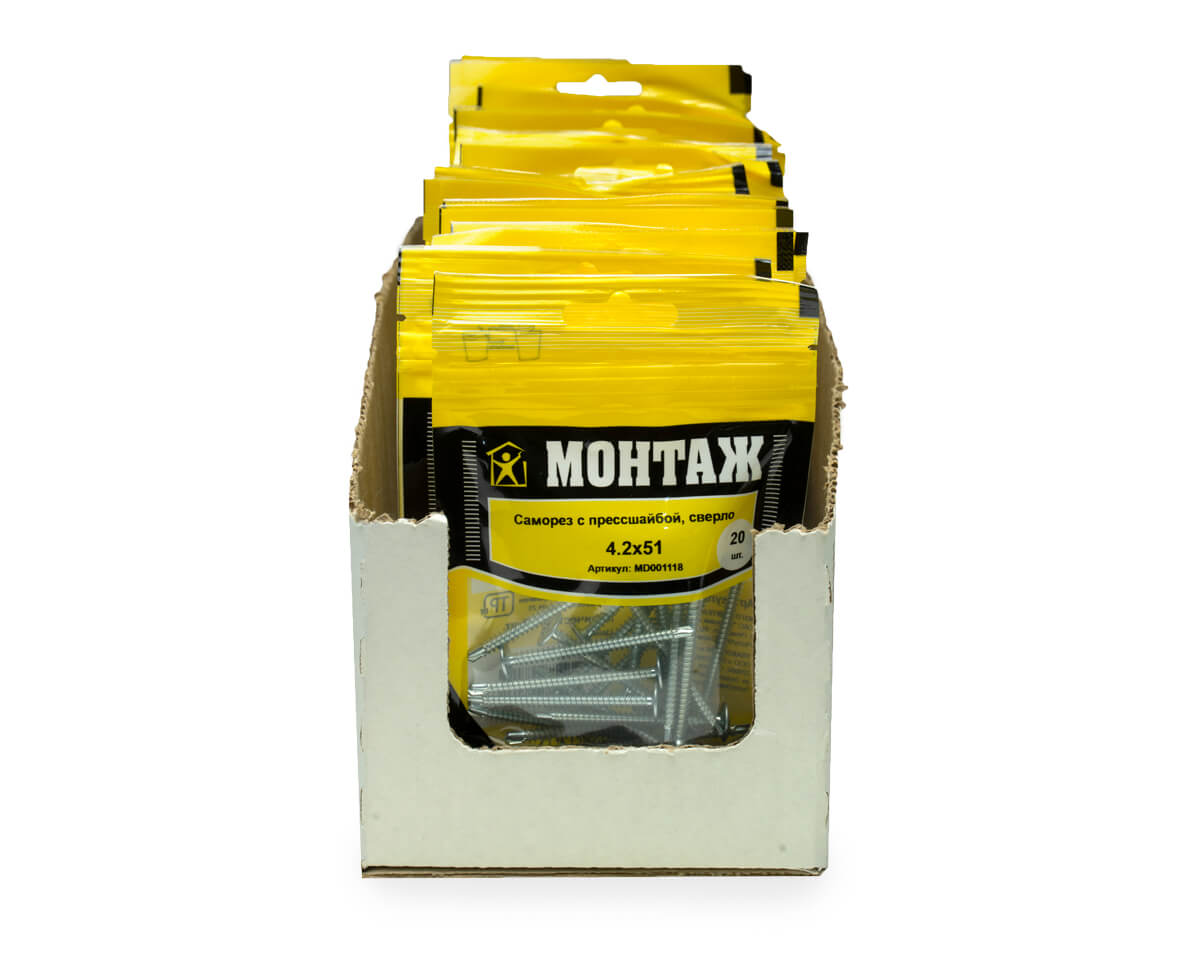 Саморез с прессшайбой 4.2x51, сверло, цинк, дой-пак S, МОНТАЖ (пакет/20шт)