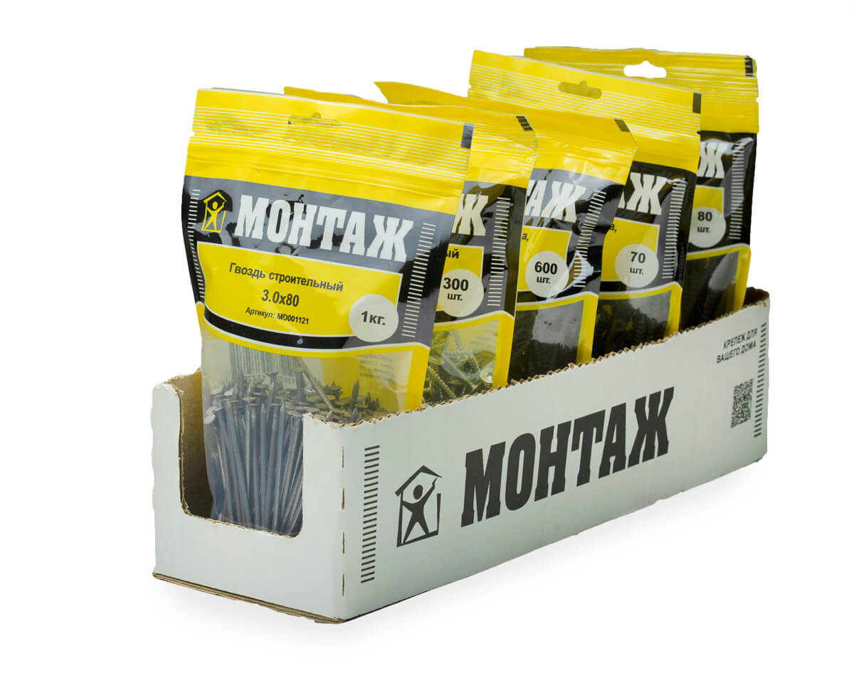 Гвоздь строительный 3.0x80, дой-пак L, МОНТАЖ (пакет/1кг)