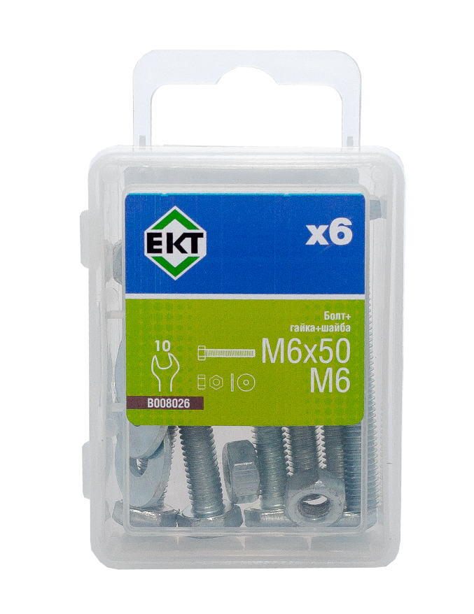 Болт с 6-гран. гол. M6х50, DIN933 в компл. с гайкой и усиленной шайбой М6, цинк (упак/6шт)