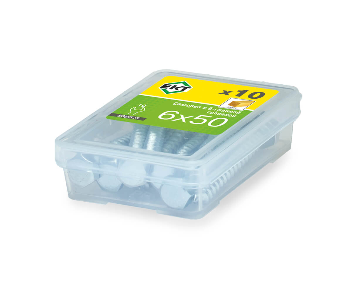 Саморез с 6-гранной головкой, 6.0x50 острый, цинк, ЕКТ (упак/10шт)