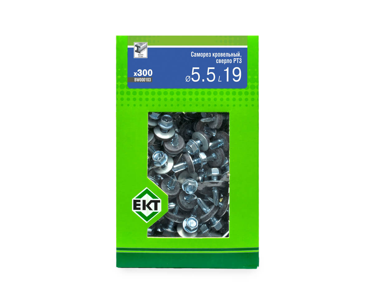 Саморез кровельный с резин. прокл. 5.5х19 сверло PT3, цинк, в коробке с окном, ЕКТ (упак/300шт)