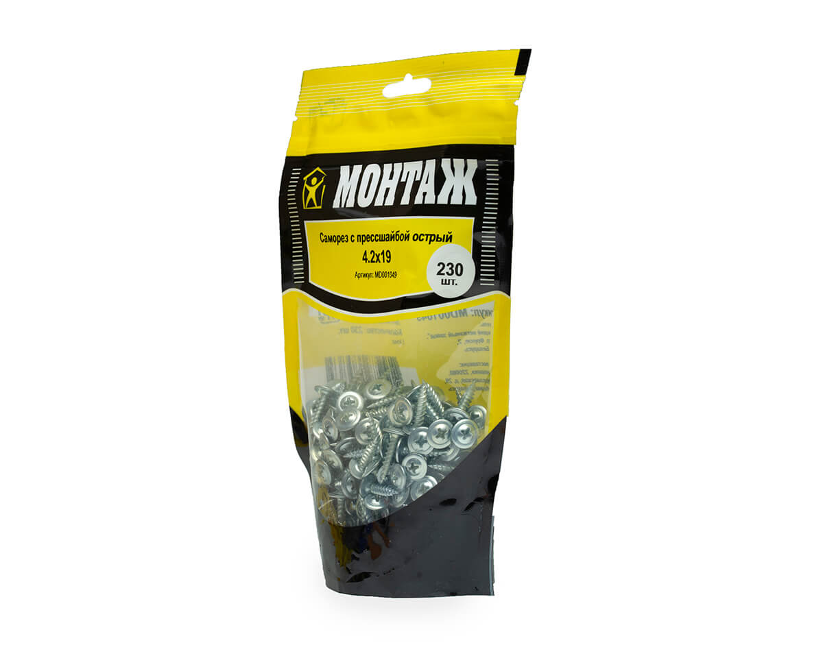 Саморез с прессшайбой 4.2x19, острый, цинк, дой-пак M, МОНТАЖ (пакет/230шт)