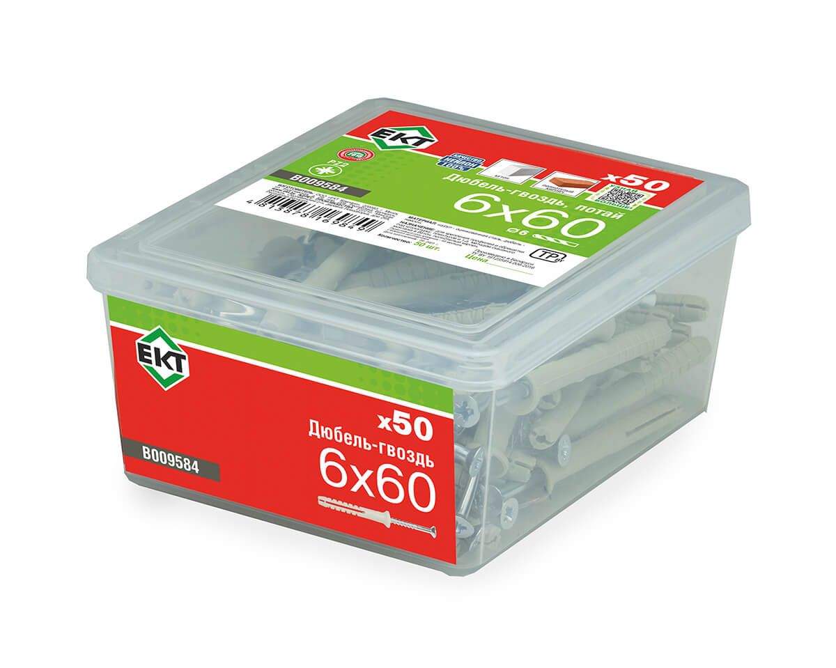 Дюбель-гвоздь GL, 6x60 потай, нейлон, ЕКТ (пласт.конт./50шт)