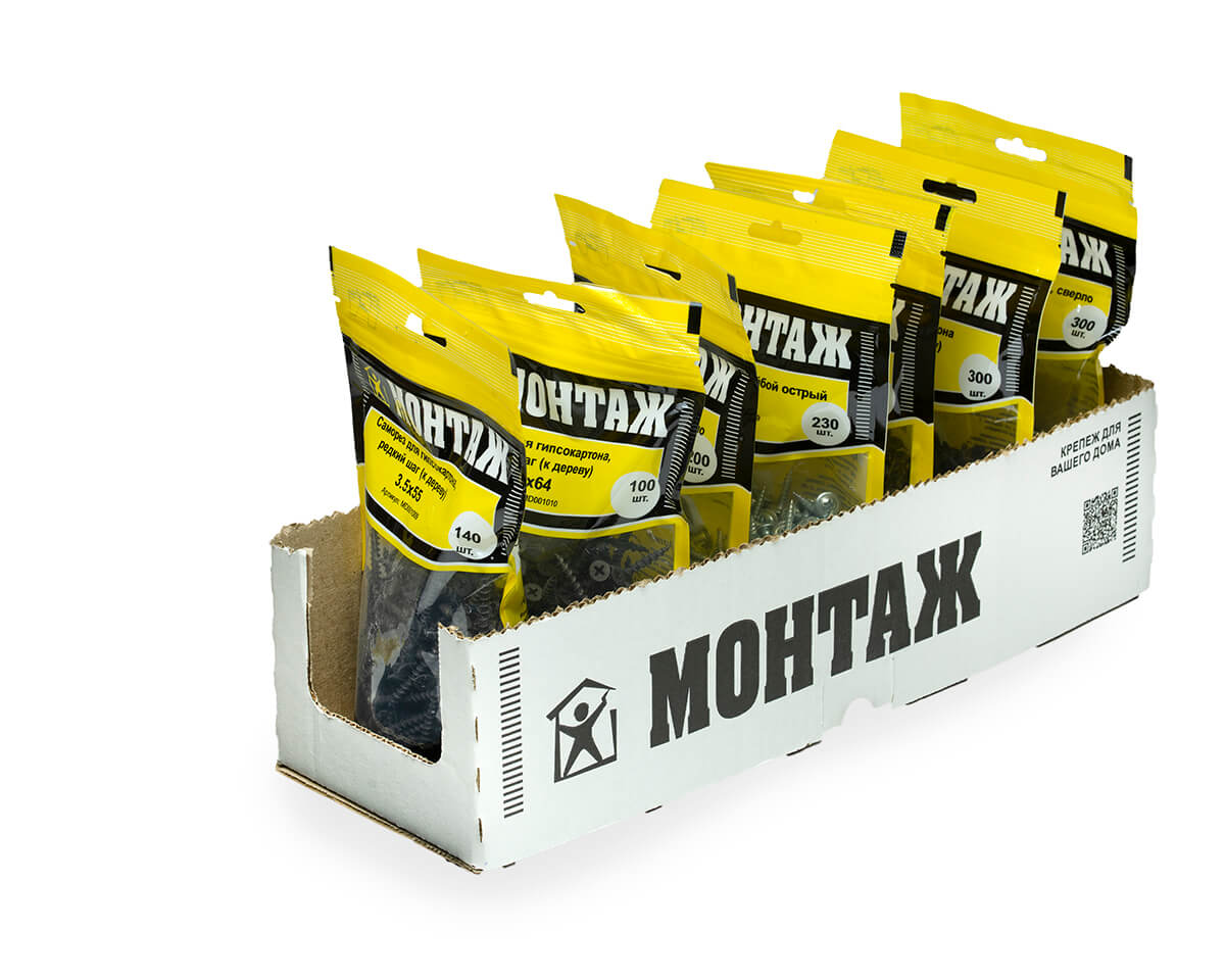 Саморез для гипсокартона 3.5x55, редкий шаг (к дереву), фосфат, дой-пак M, МОНТАЖ (пакет/140шт)