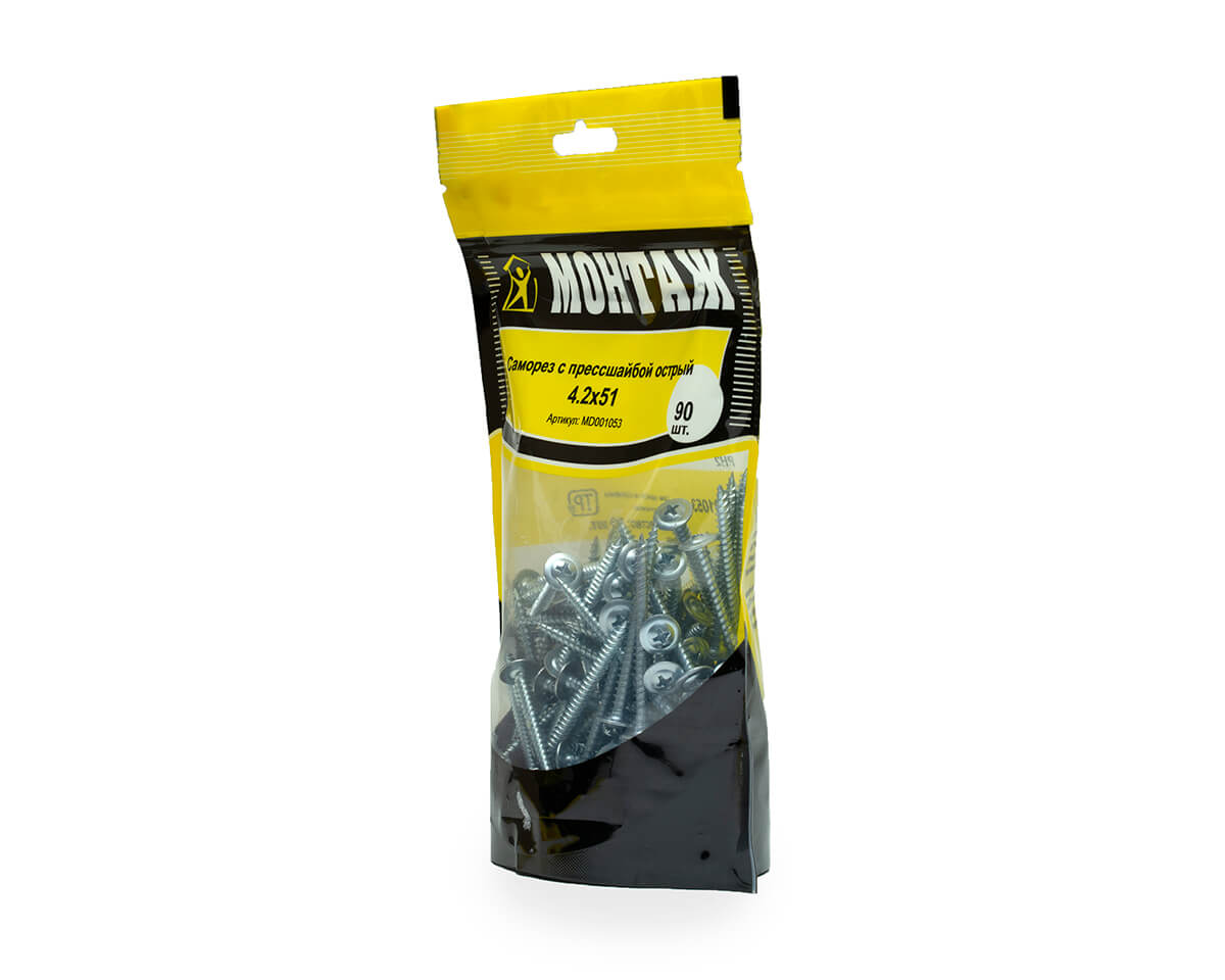 Саморез с прессшайбой 4.2x51, острый, цинк, дой-пак M, МОНТАЖ (пакет/90шт)
