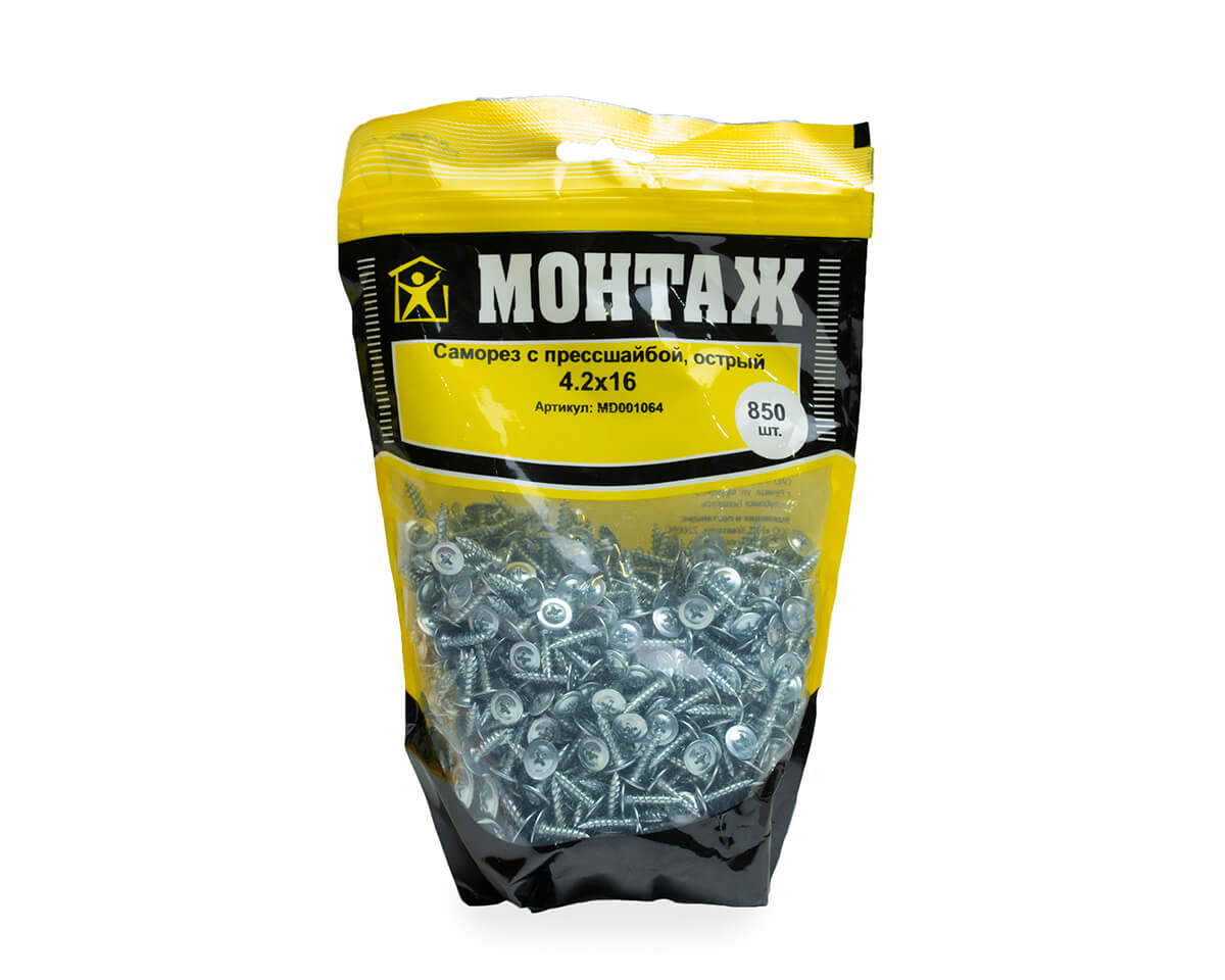 Саморез с прессшайбой 4.2x16, острый, цинк, дой-пак L, МОНТАЖ (пакет/850шт)