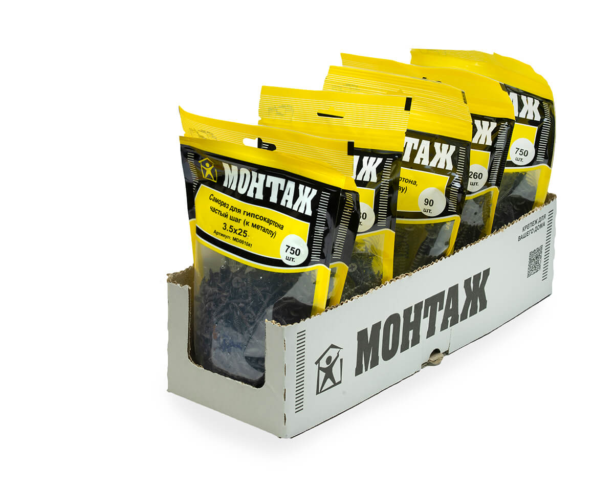 Саморез для гипсокартона 3.5x25, частый шаг (к металлу), фосфат, дой-пак L, МОНТАЖ (пакет/750шт)