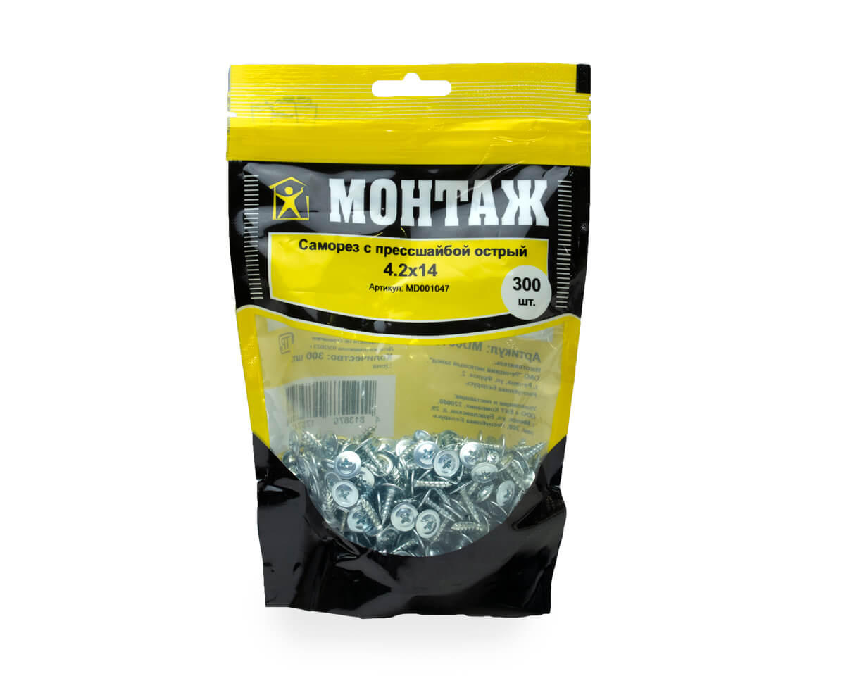 Саморез с прессшайбой 4.2x14, острый, цинк, дой-пак M, МОНТАЖ (пакет/300шт)