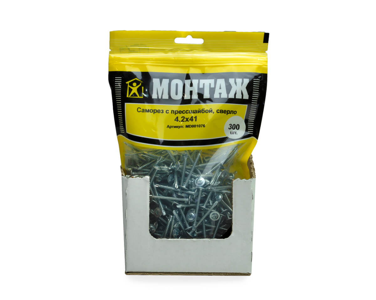 Саморез с прессшайбой 4.2x41, сверло, цинк, дой-пак L, МОНТАЖ (пакет/300шт)