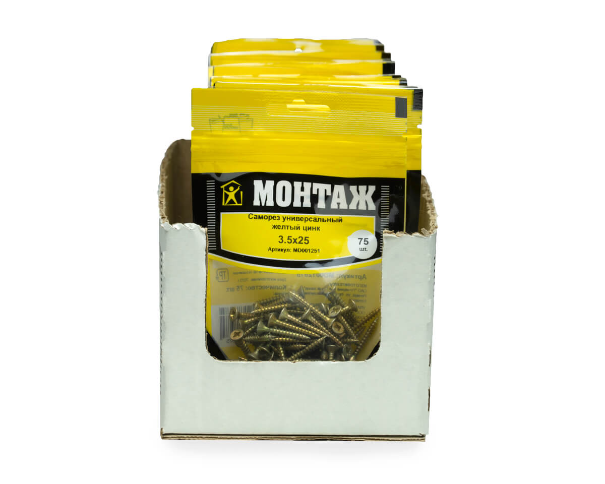 Саморез универсальный 3.5x25, желтый цинк, дой-пак S, МОНТАЖ (пакет/75шт)