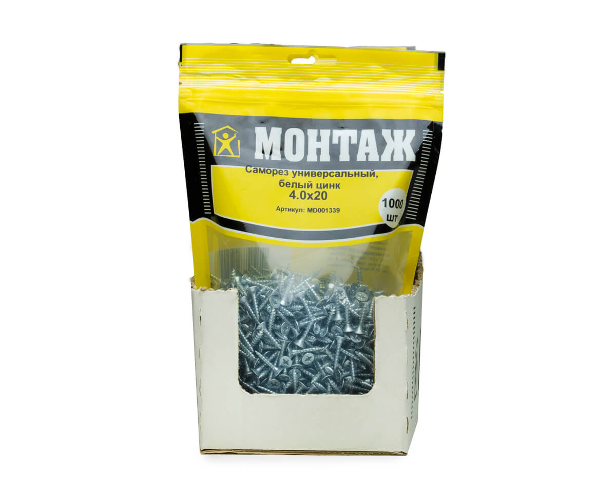 Саморез универсальный 4,0х20, белый цинк, МОНТАЖ (дой-пак L/1.000шт)