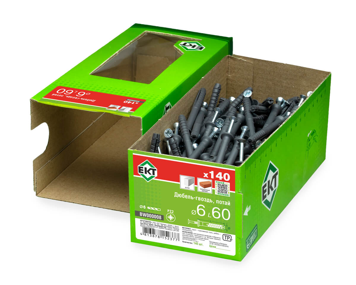 Дюбель-гвоздь GL, 6x60 потай, п/п, ЕКТ (кор. с окном/140шт)