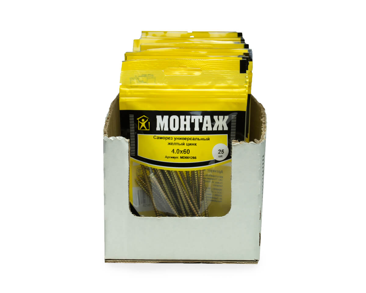 Саморез универсальный 4.0x60, желтый цинк, дой-пак S, МОНТАЖ (пакет/25шт)